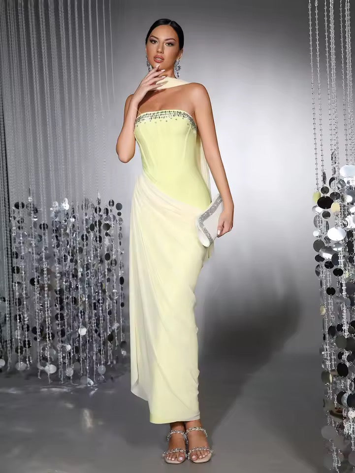 Yellow Diamond Patchwork Tight Fitting Long Bandage Dress