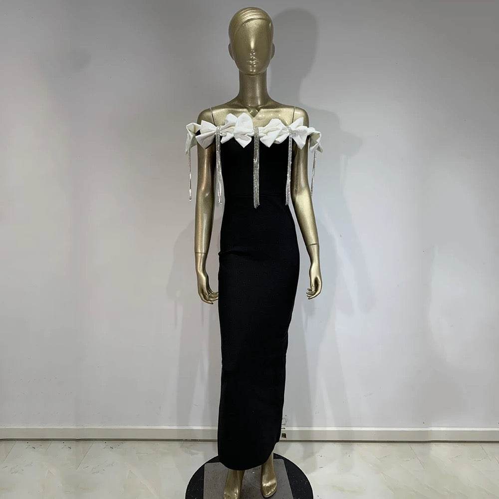 Off Shoulder Black Bow Tassel Diamond Long Bandage Dress - REBECATHELABEL