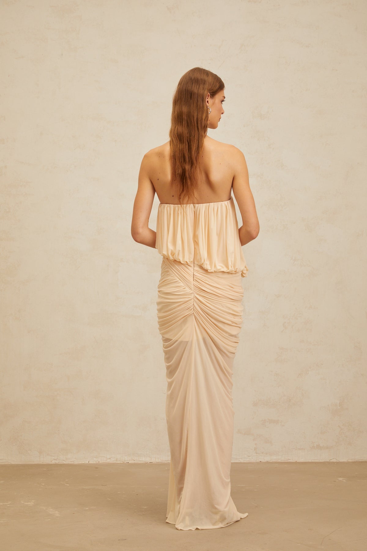 Neutrals Draped Ruched Maxi Dress