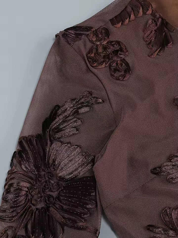 Cocktail Hour Elegance Chocolate Brown Floral Sheer Bell-Sleeve Mini Dress