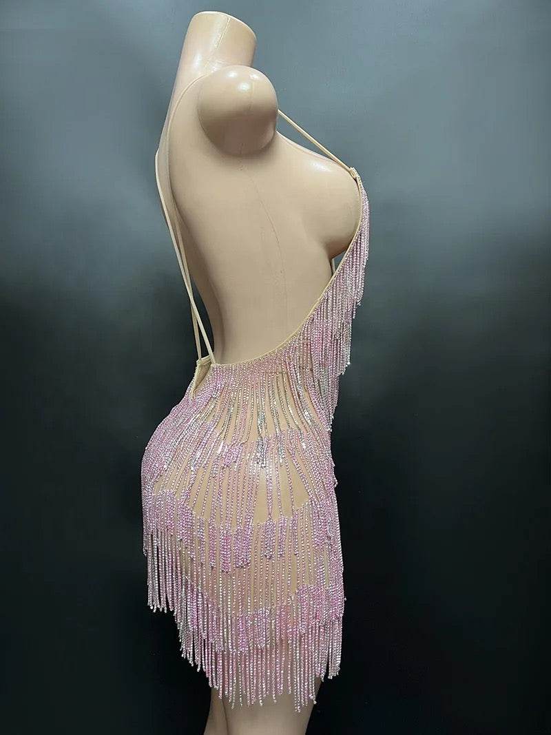 Crystal Chain Fringe Mesh Mini Dress In Pink - REBECATHELABEL