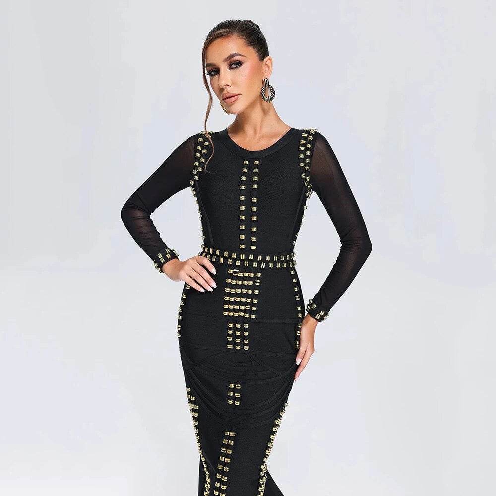 Round Neck Long Sleeve Metal Button Tight Bandage Dress - REBECATHELABEL