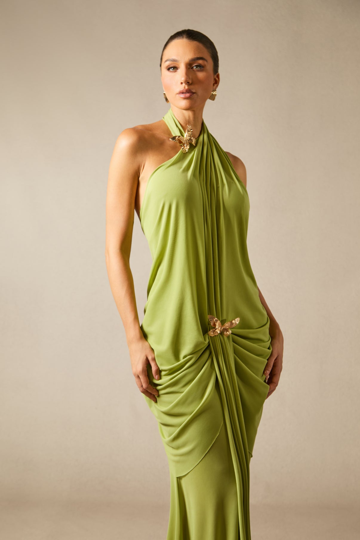 Sabrina Butterfly Embellished Draped Maxi Dress