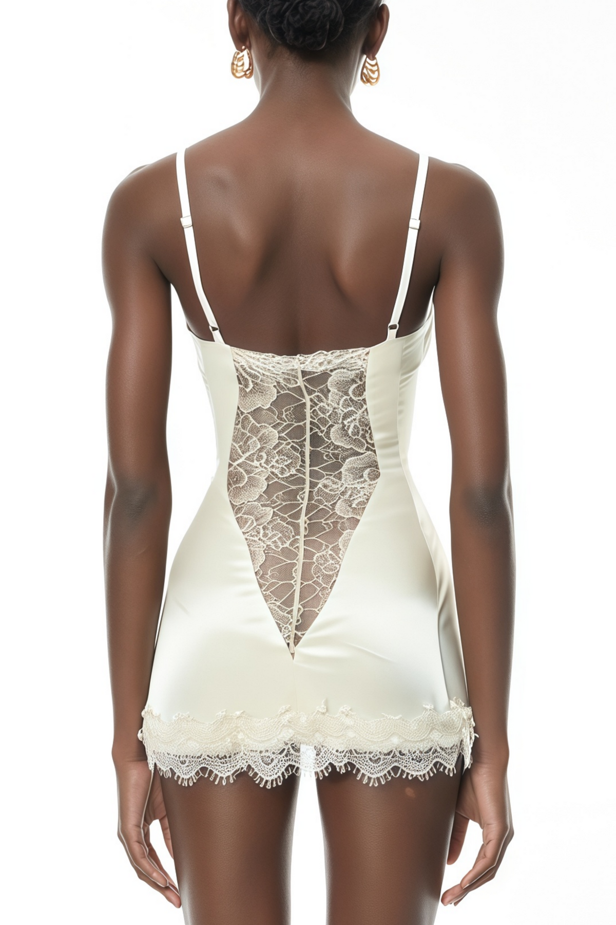 White Satin Mini Dress with Lace Panels