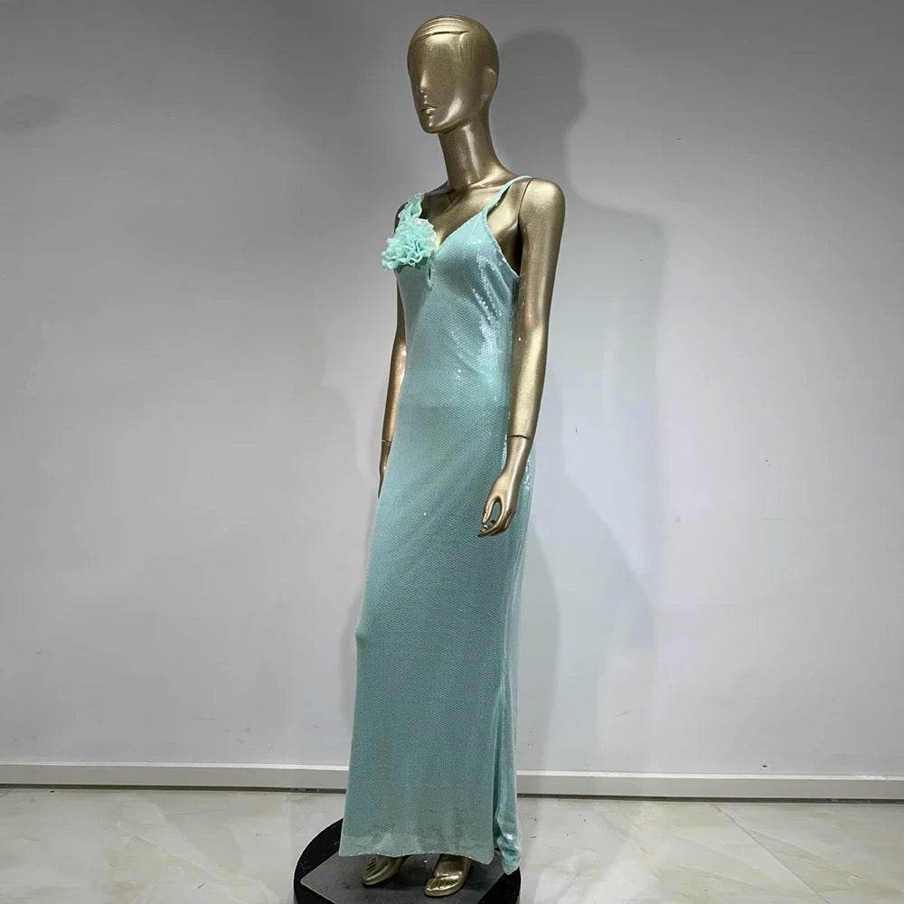 Backless Sequins 3D Flower Details Tight Fit Long Dress - REBECATHELABEL