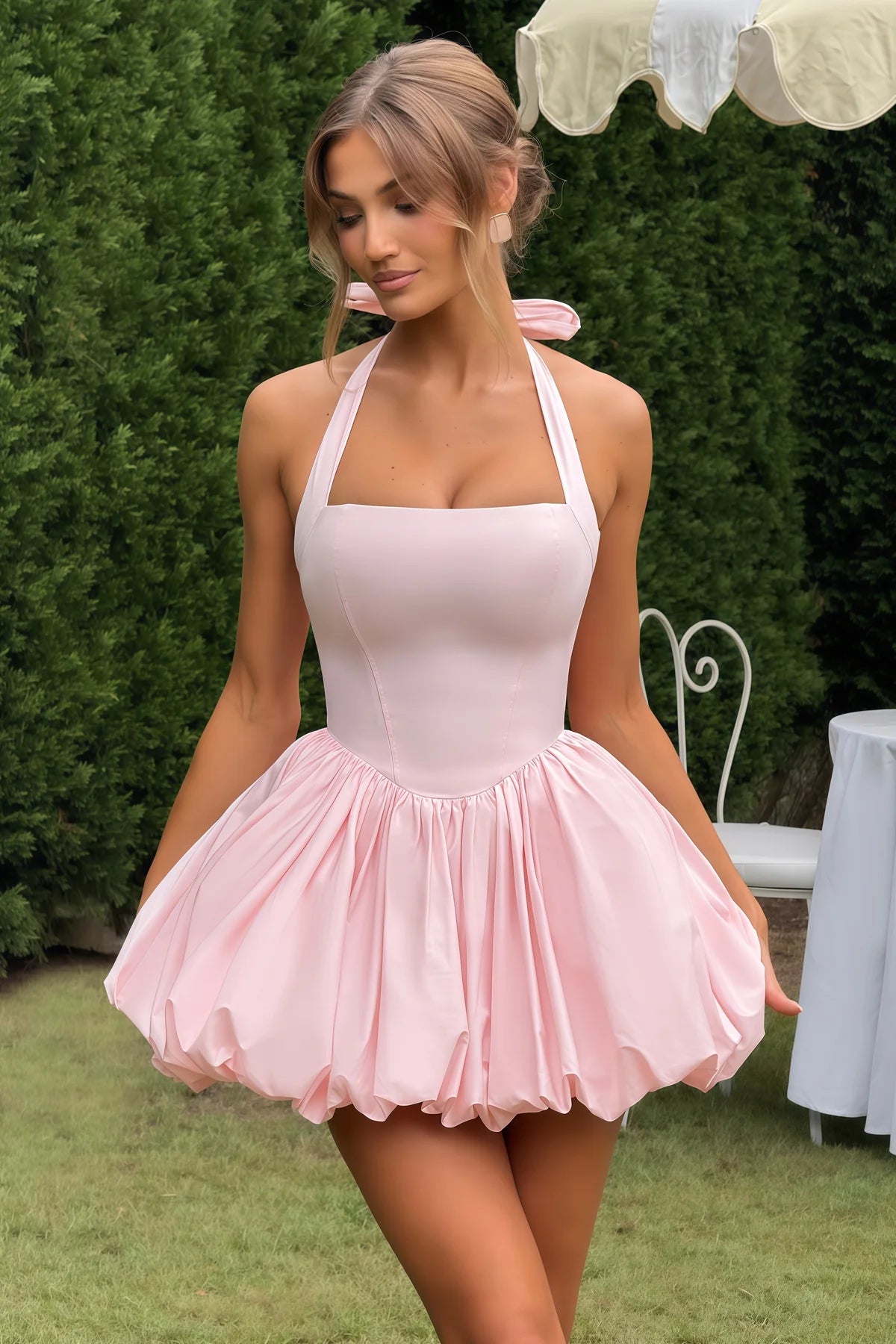 Pink Shirred Puffball Mini Dress