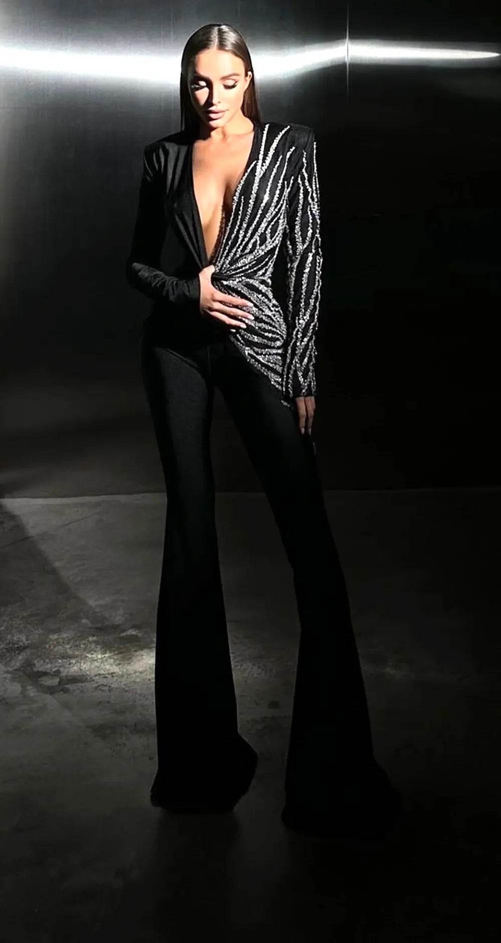 Black Sexy V-neck Diamond Tight Long Horn jumpsuit - REBECATHELABEL