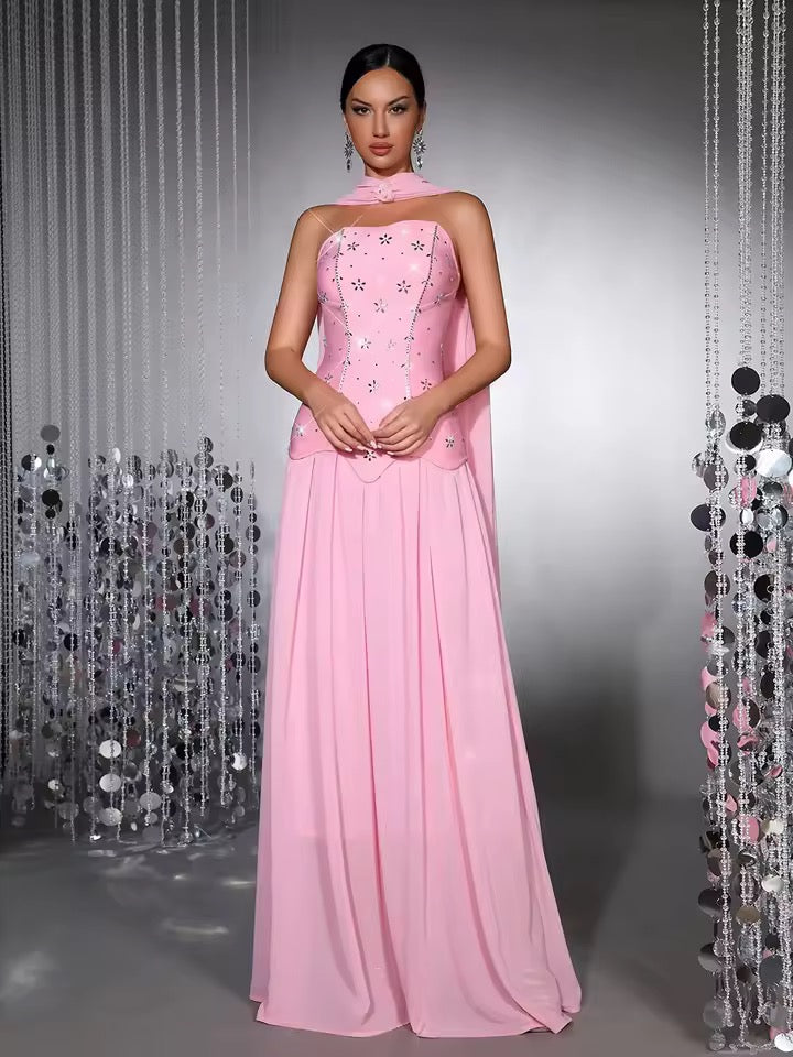 Diamond Strapless 2-piece Dress with Scarf Pink dress
