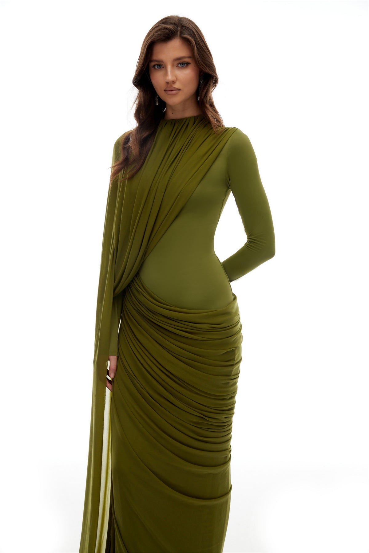 Green Asymmetrical Ribbon Draped Maxi Dress