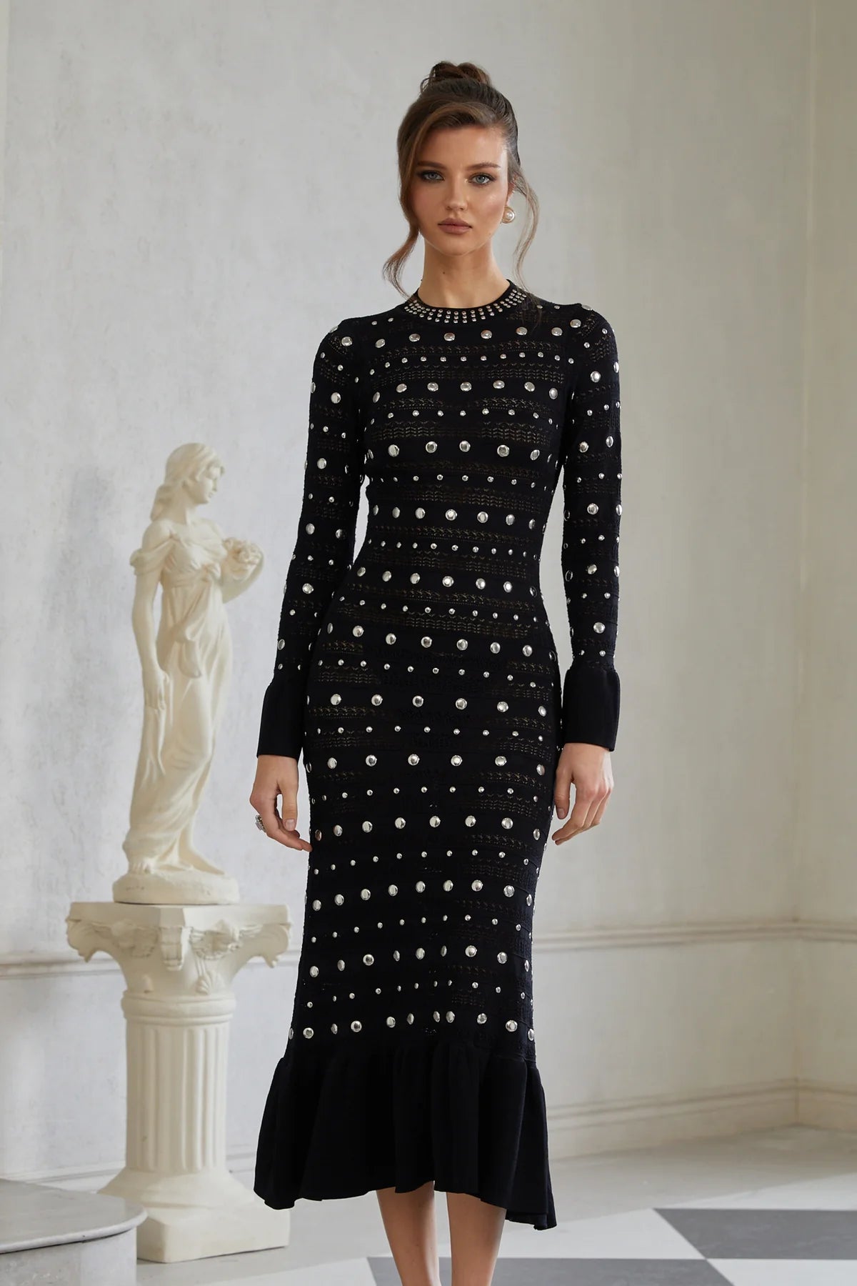 Black Long Sleeve Studded Crochet Knit Midi dress