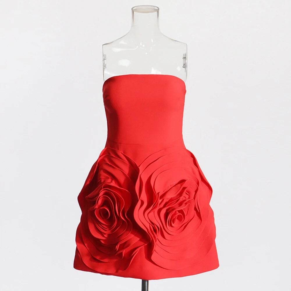 Red 3D Flower embellishment Sexy Strapless Tight Mini Dress - REBECATHELABEL