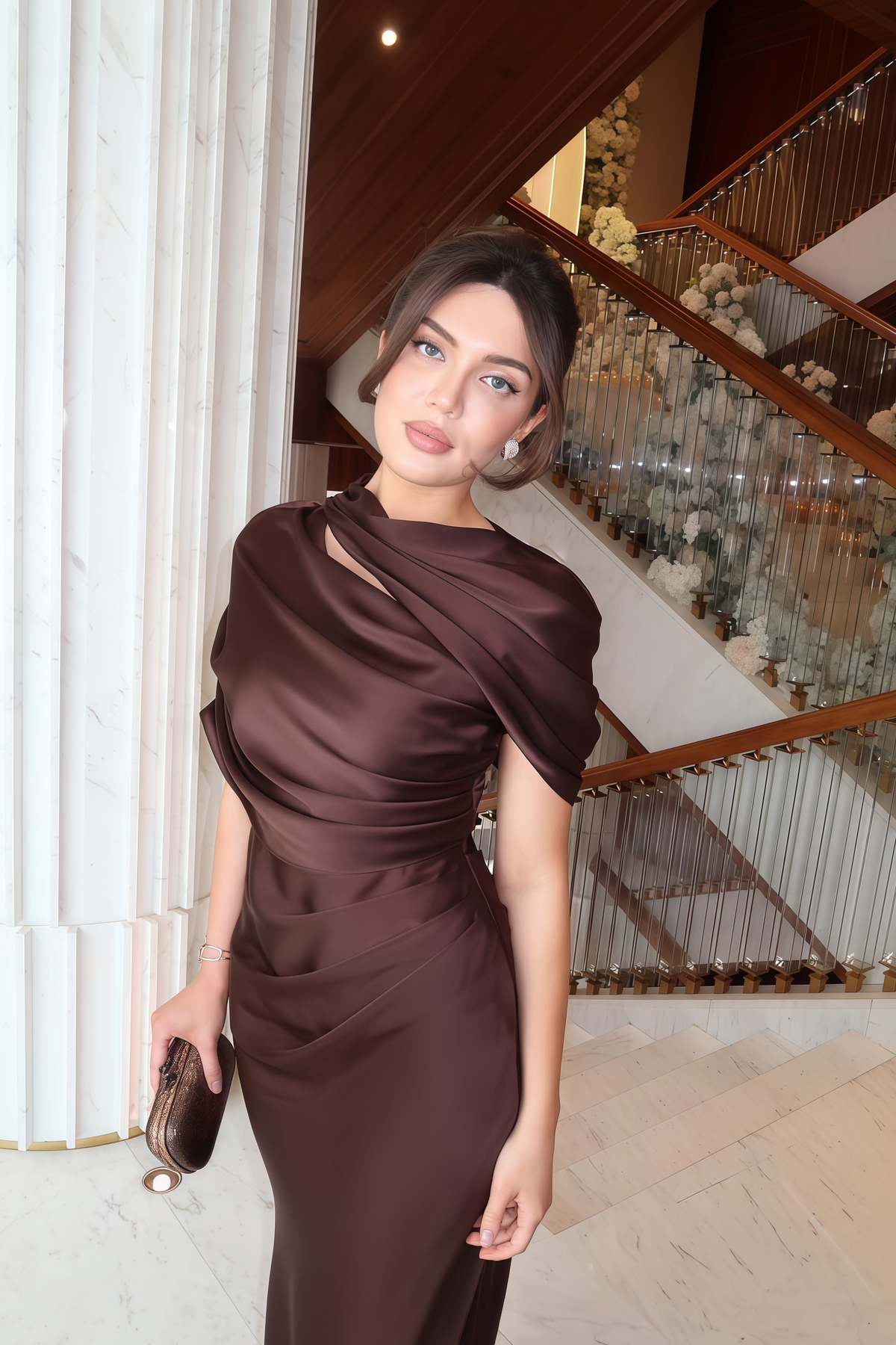 Brown Asymmetrical Gathered Satin Maxi Dress