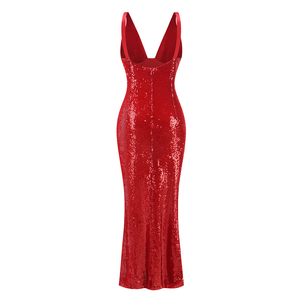 Sequin-Detailed Red Deep-V Strappy Backless Maxi Dress