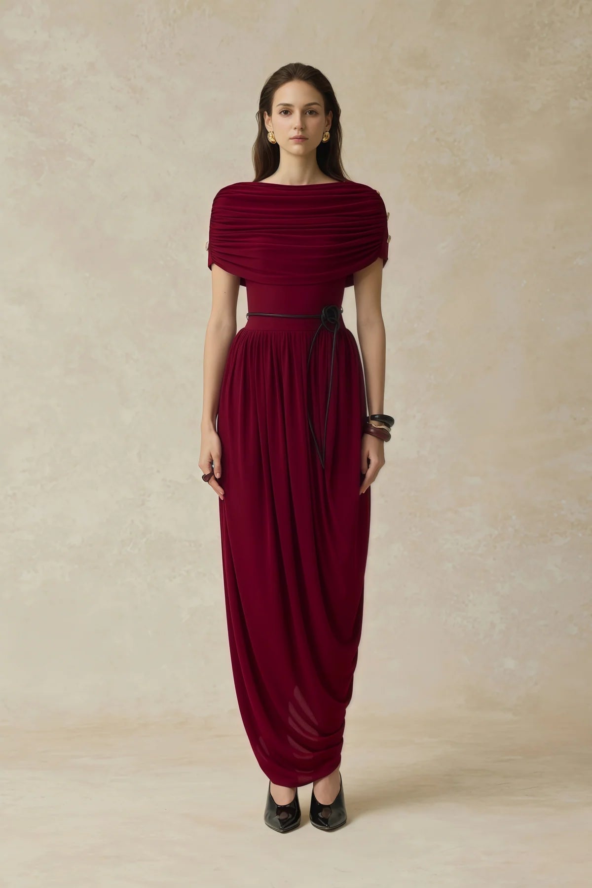 Burgundy Shawl Design Draped Maxi Dress