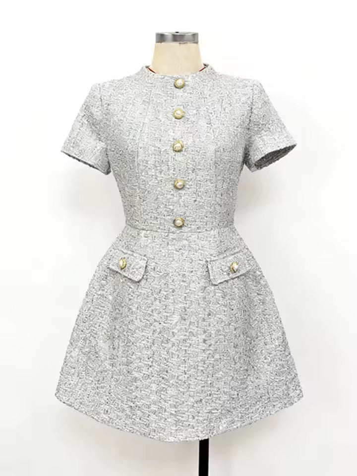 Retro Button Gold Tweed High Waist Mini Dress