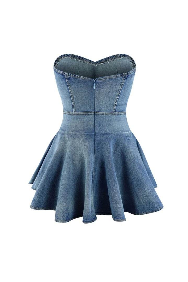 Denim Tube Top Dress Bandeau Slim Fit Elastic Ruffled Dress - REBECATHELABEL