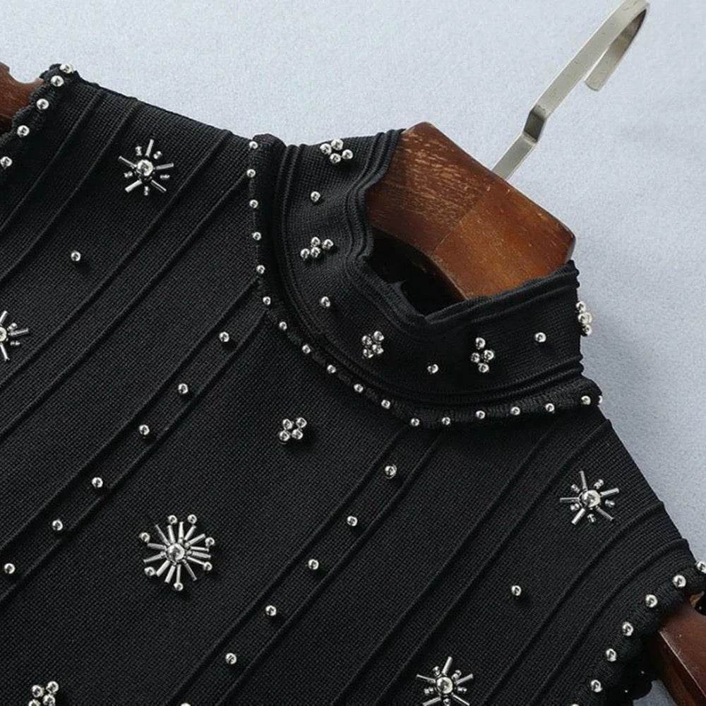 Black A-line Round Neck Sleeveless Beaded Knitted Elastic Midi dress - REBECATHELABEL