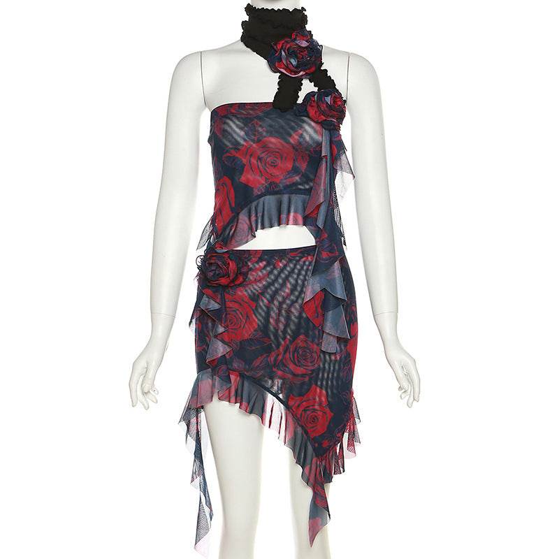 Lace up Scarf Printed Wrapped Chest Cropped Irregular Asymmetric Skirt Set - REBECATHELABEL