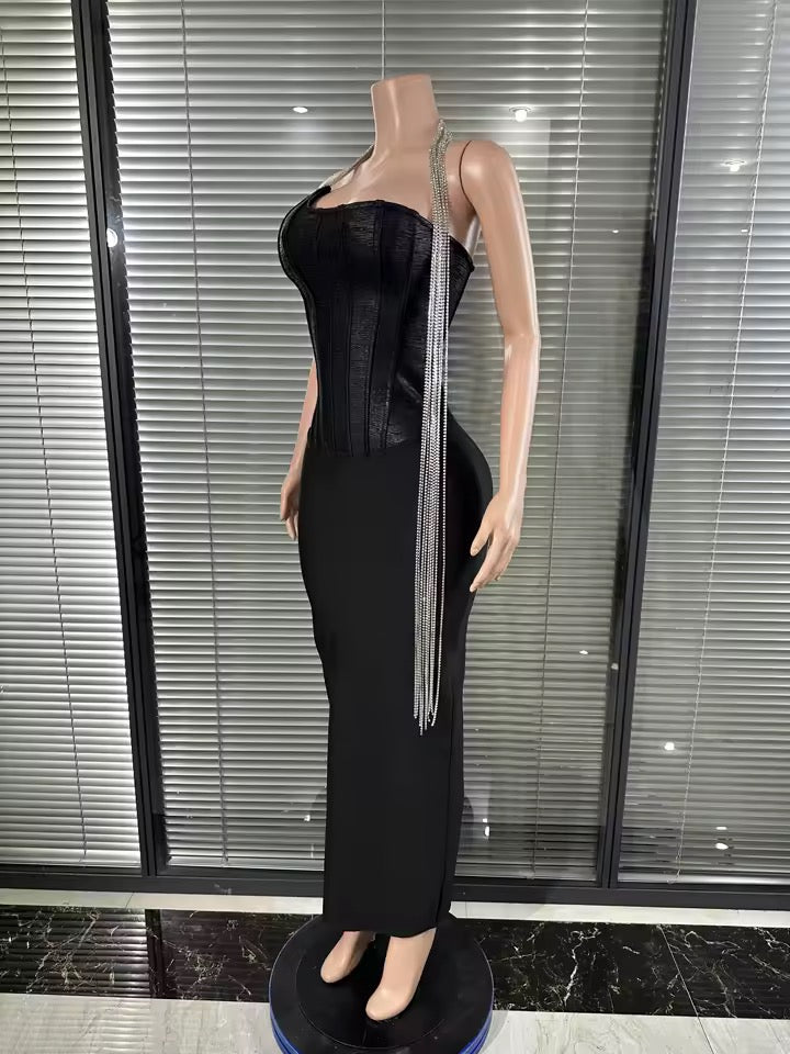 V-Neck Strap Shinning Long Chain Bodycon Long Bandage Dress with no gloves