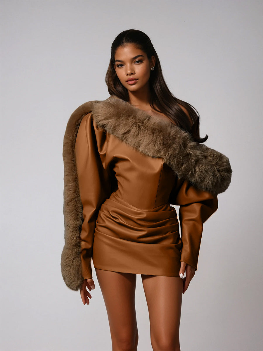 One Shoulder Leather Faux Fur Mini Dress In Caramel