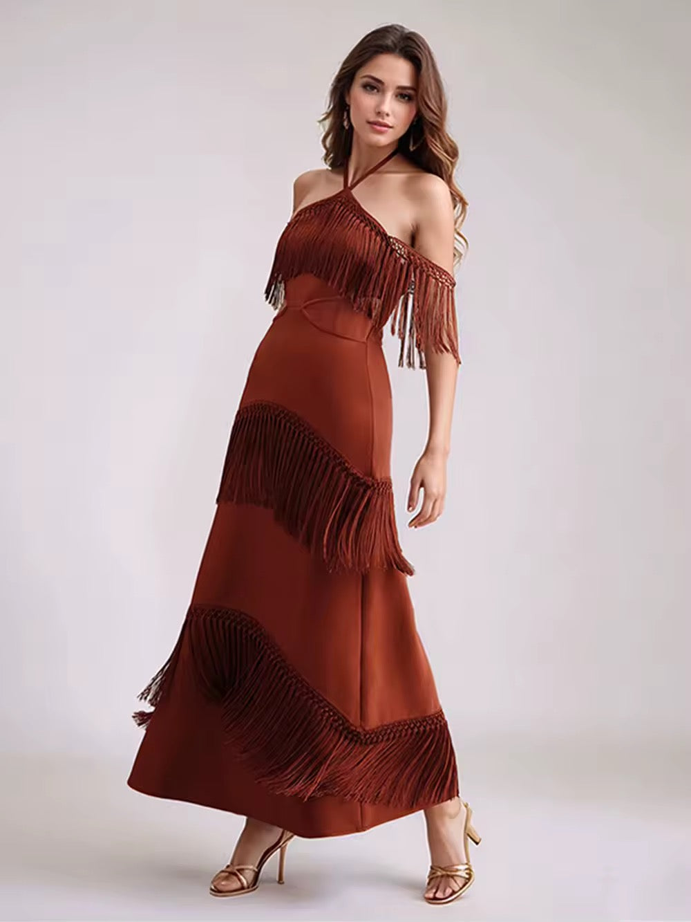 Tassels Solid Maxi Dress Sexy Halter Spaghetti Lady Long Dress