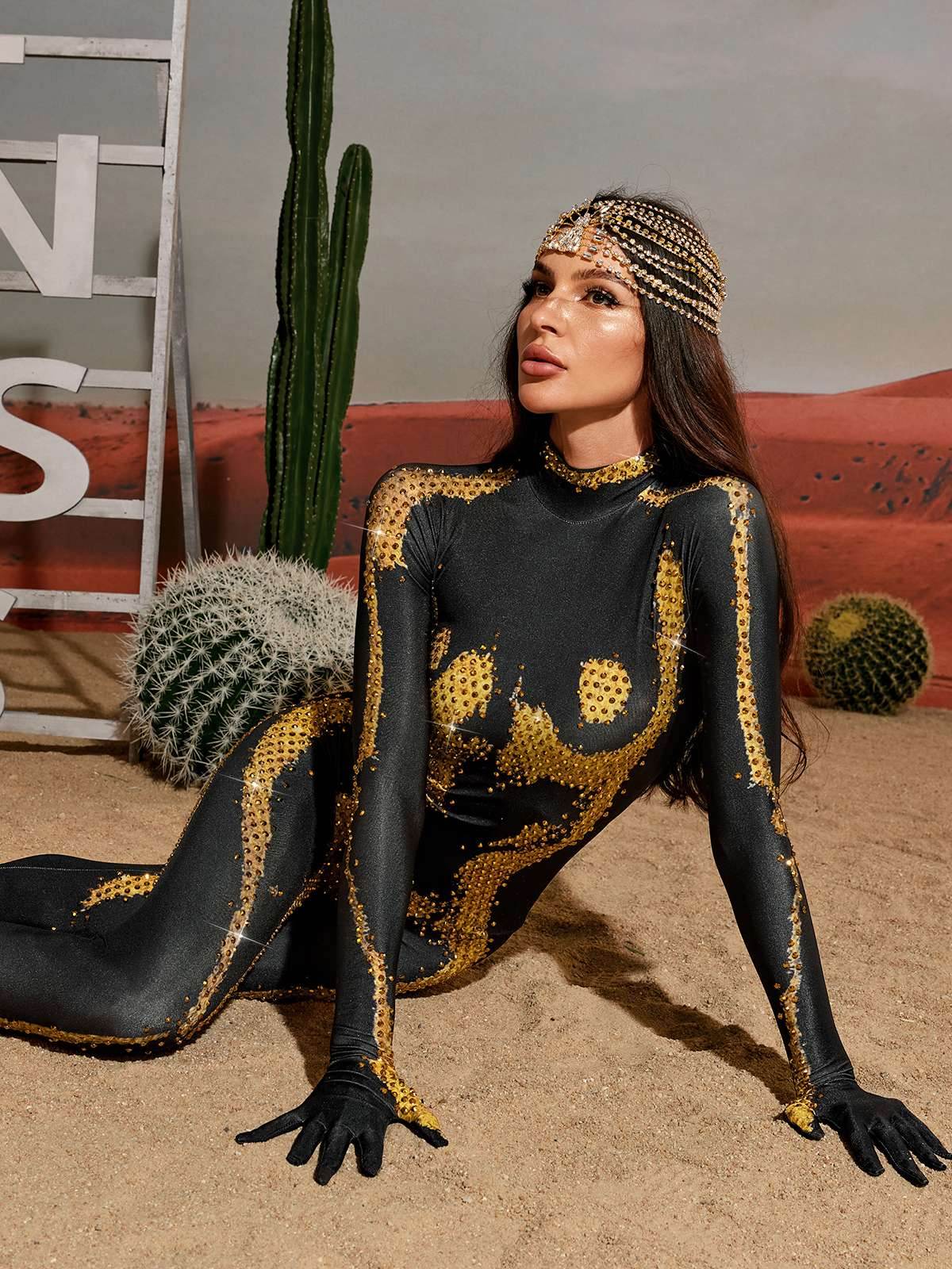 Body Printed Rhinestone Gloves Jumpsuit In Gold - REBECATHELABEL