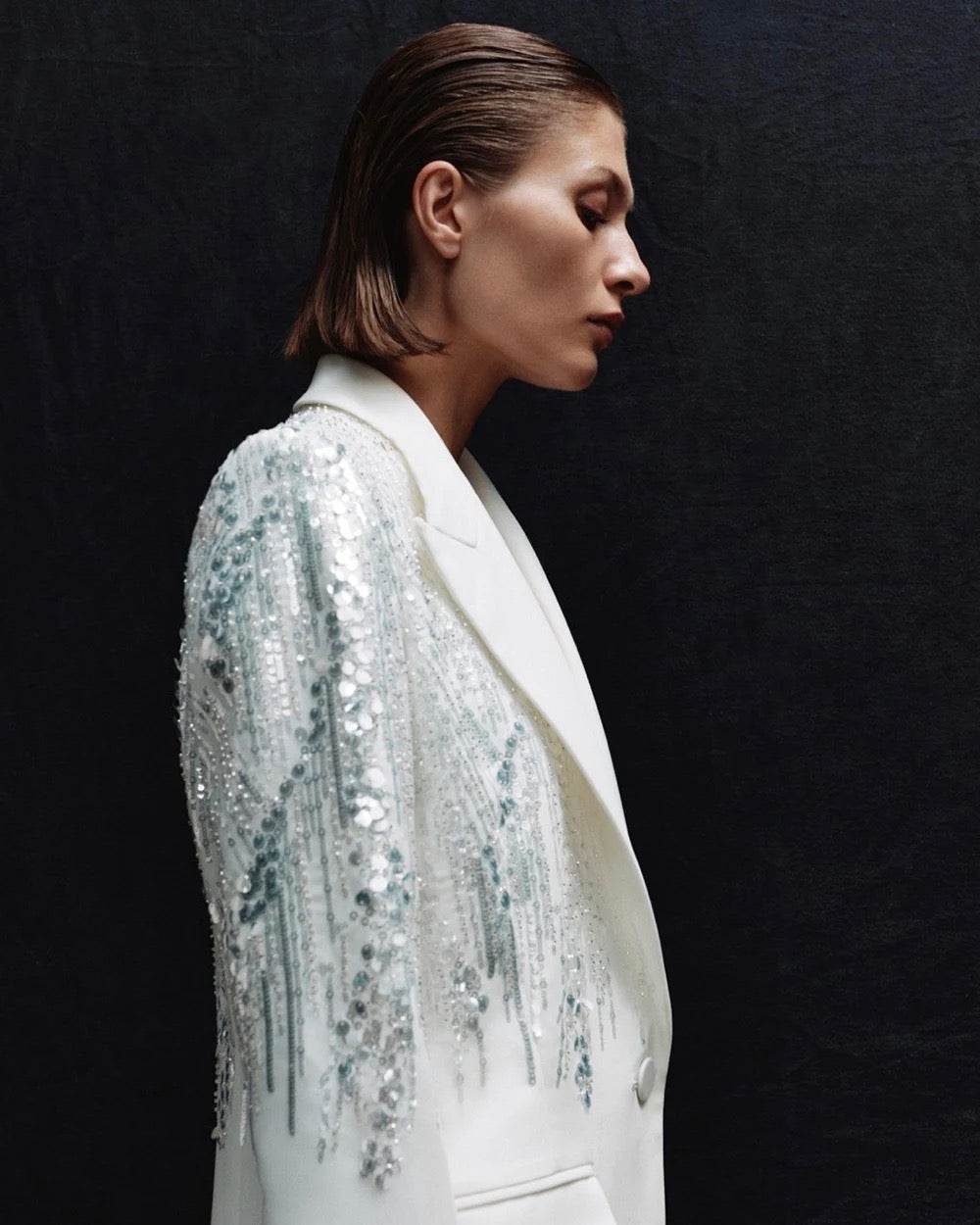 Diamond Two Piece Set with Polo Collar, Long Sleeves, Sparkling Blazer Wide Leg Pants - REBECATHELABEL