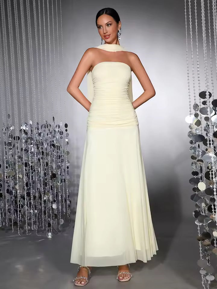 Strapless Ribbon Mesh Fold Maxi Dress