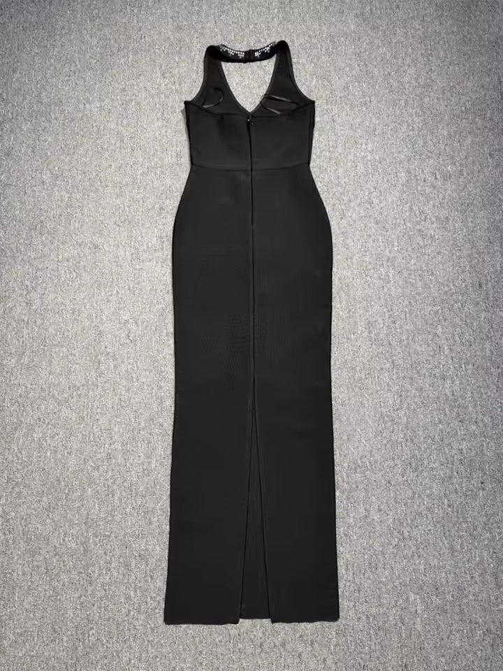 Diamonds Backless Halter Black Maxi Long Bodycon Bandage Dress