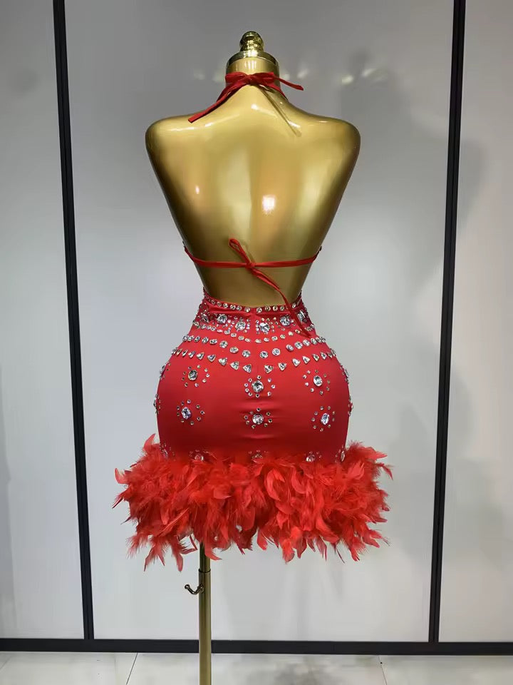Halter Crystal Feathers Bodycon Mini Dress