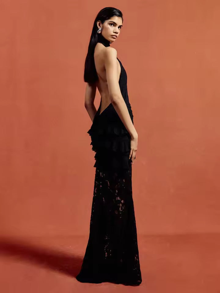 Lace Patchwork Halter Long Dress