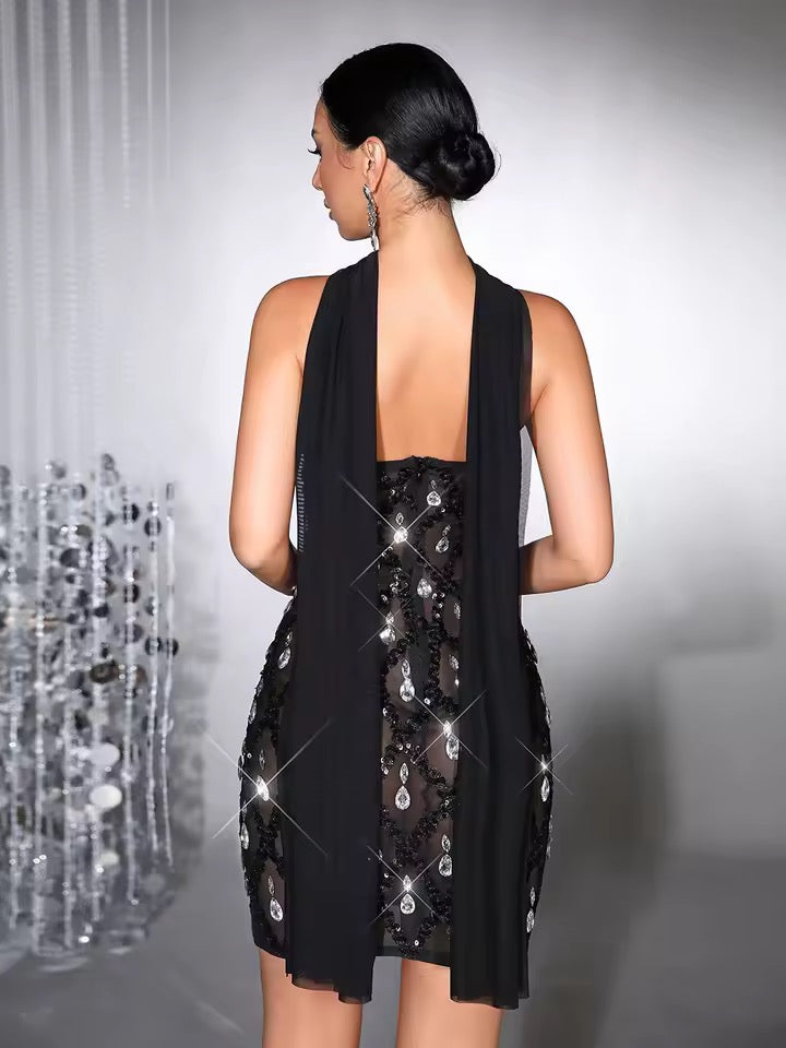 Diamond Sequin Sexy Slim Fit Mesh Sheer See Through Off Shoulder Strapless Mini Tube Dress