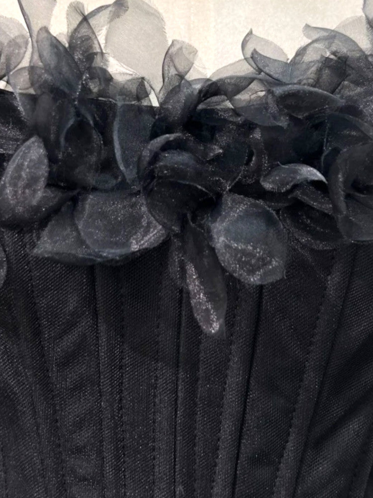 Strapless Petal Floral Corset A Line Dress Black