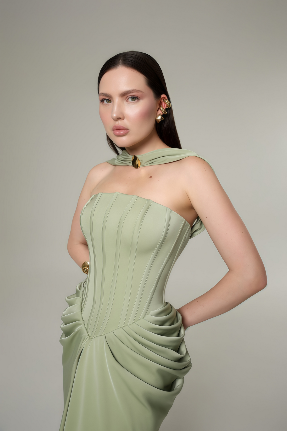 Green Halterneck Corset Maxi Gown