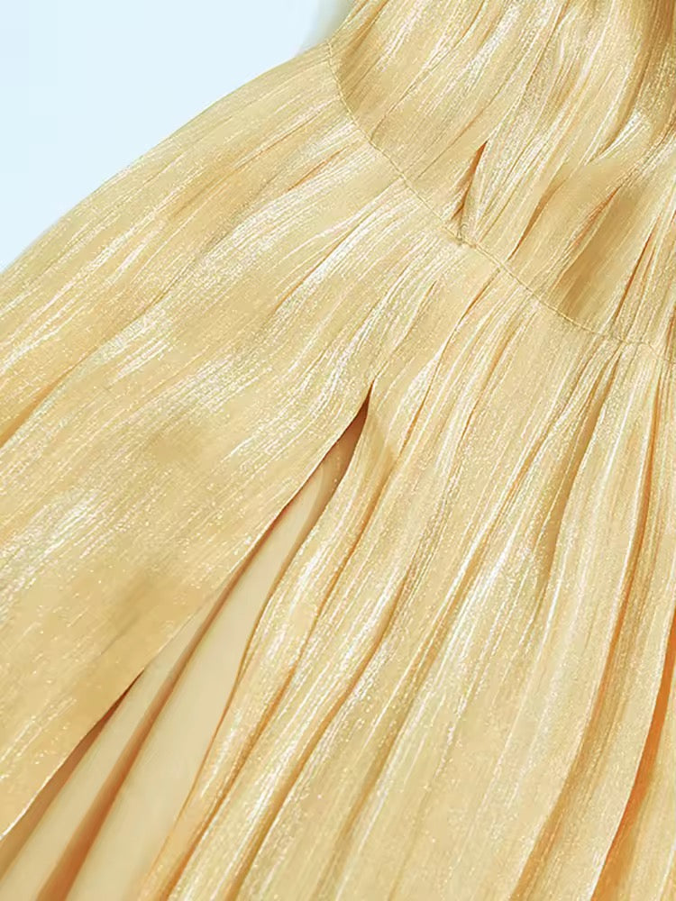 Deep V Neck Sleeveless Backless Halter Draped Long Dress Folds Split Slim Dress