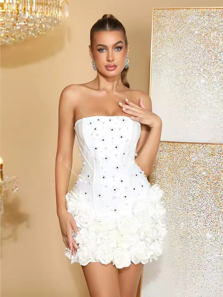 Strapless Backless Pearl Bead Flower Embellished Mini Bandage Dress