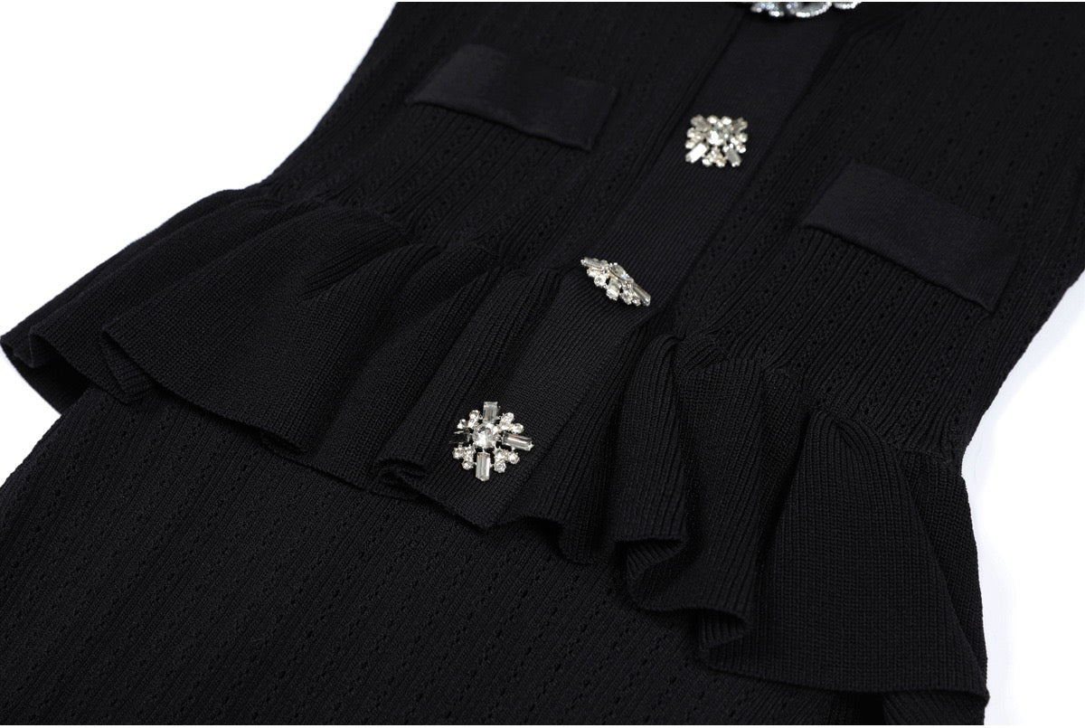 Knitted Collar Slim Fit Short Sleeved Three-dimensional Flower Button Long dress