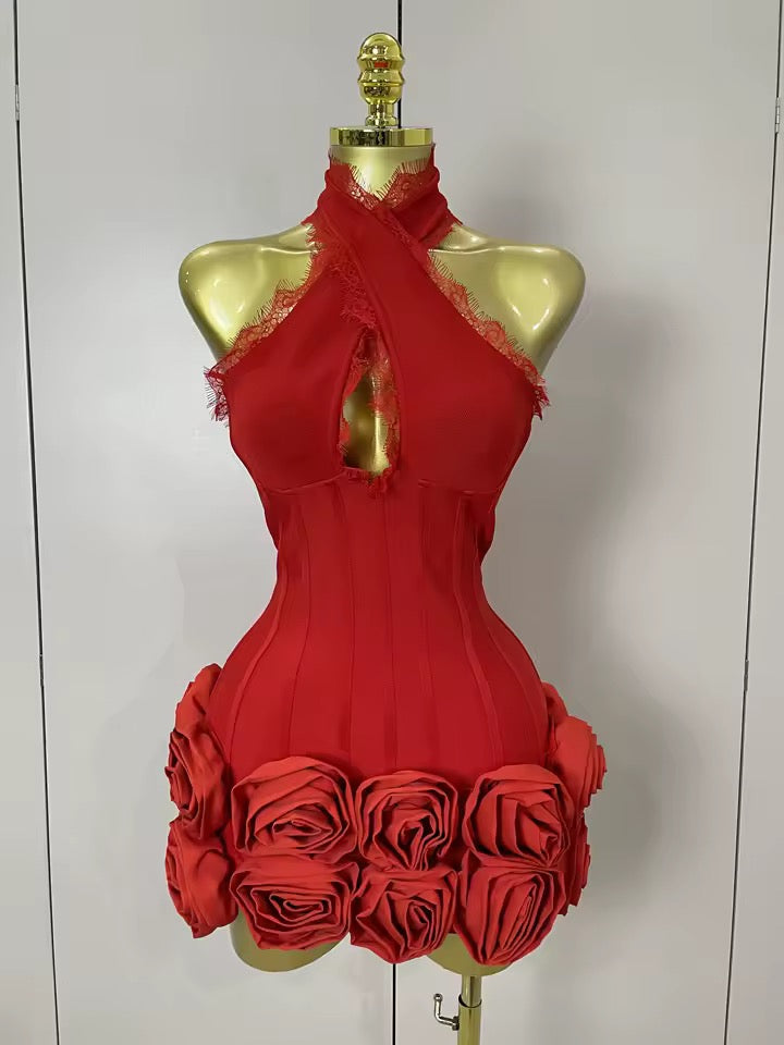 Halterneck Flower Bandage Mini Dress In Red