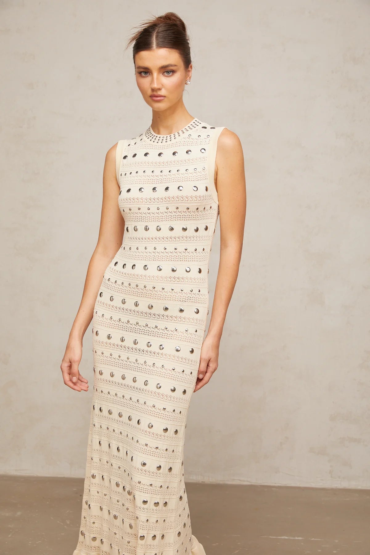 studded crochet-knit maxi dress in Neutrals