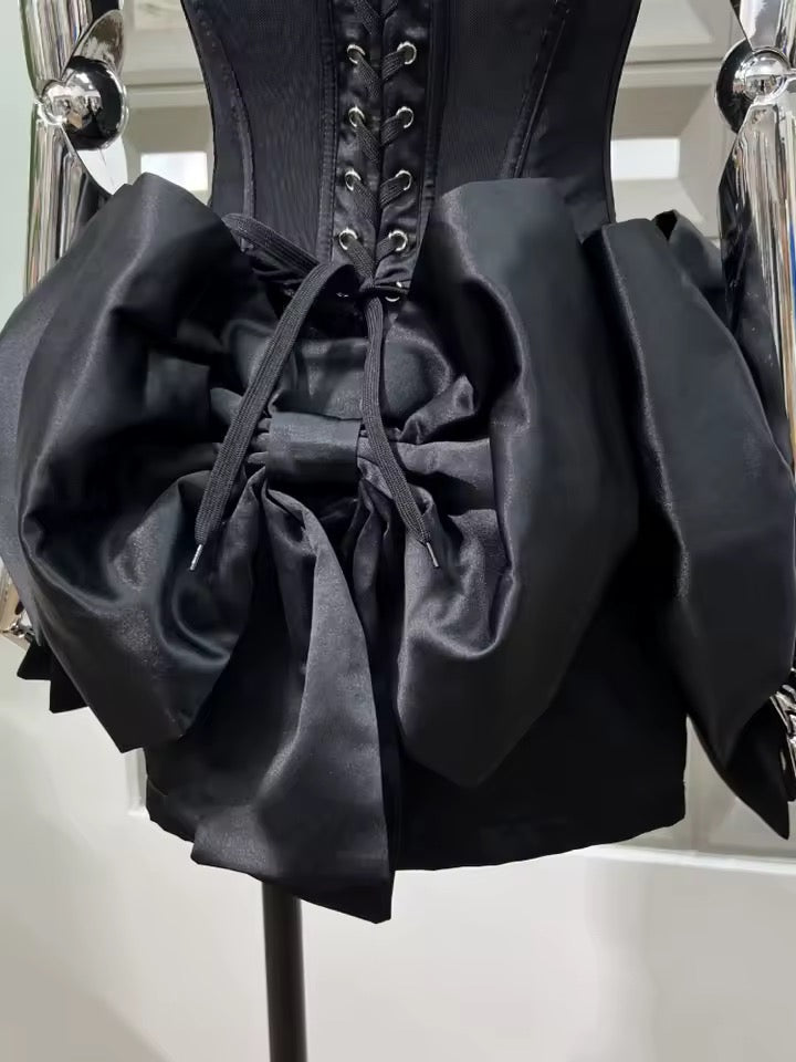 Flower Bow Little Black Mini Dress with Gloves dress