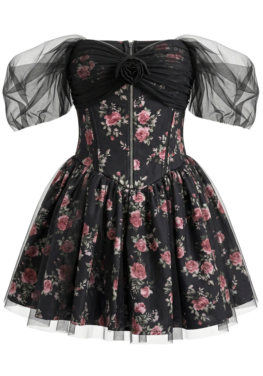 Mesh Bardot Floral A Line Dress Black