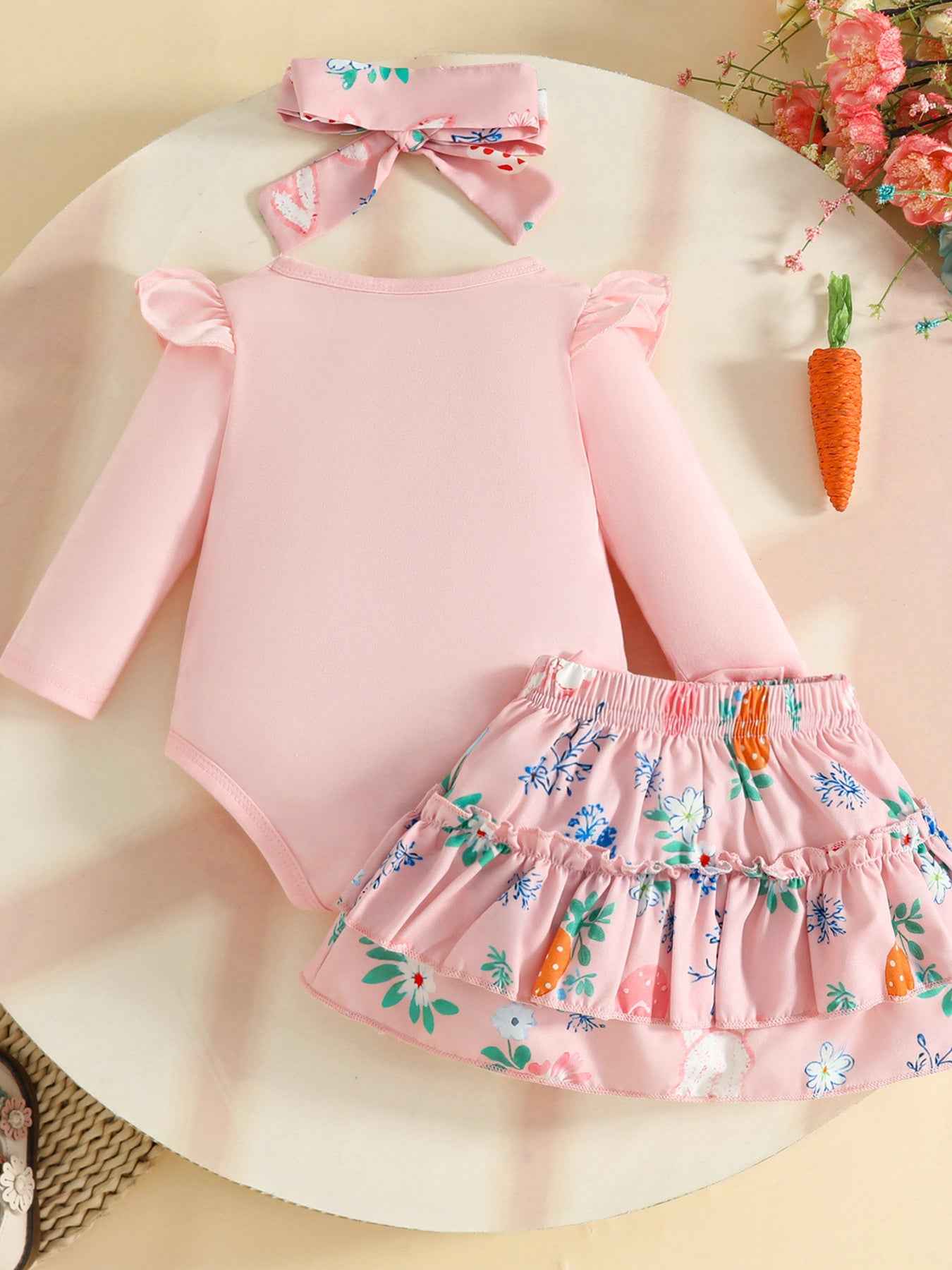 Children's Easter Bunny Long Sleeve Bodysuit and Pants Set with Headband