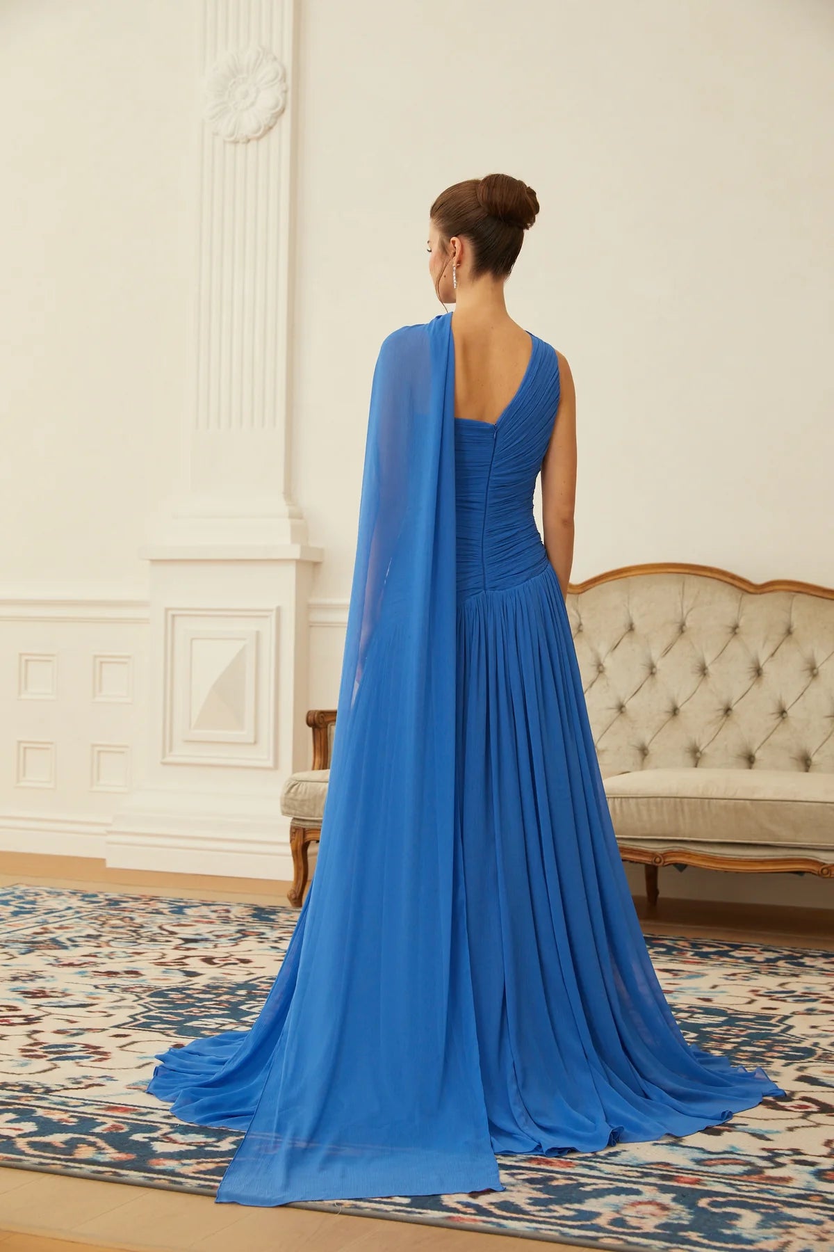 Blue Cape Design Ruched Maxi Dress
