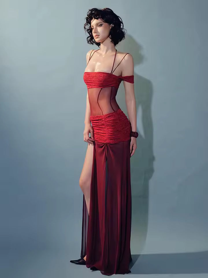 Red Ruched Lace Panel Meah Midi Dress