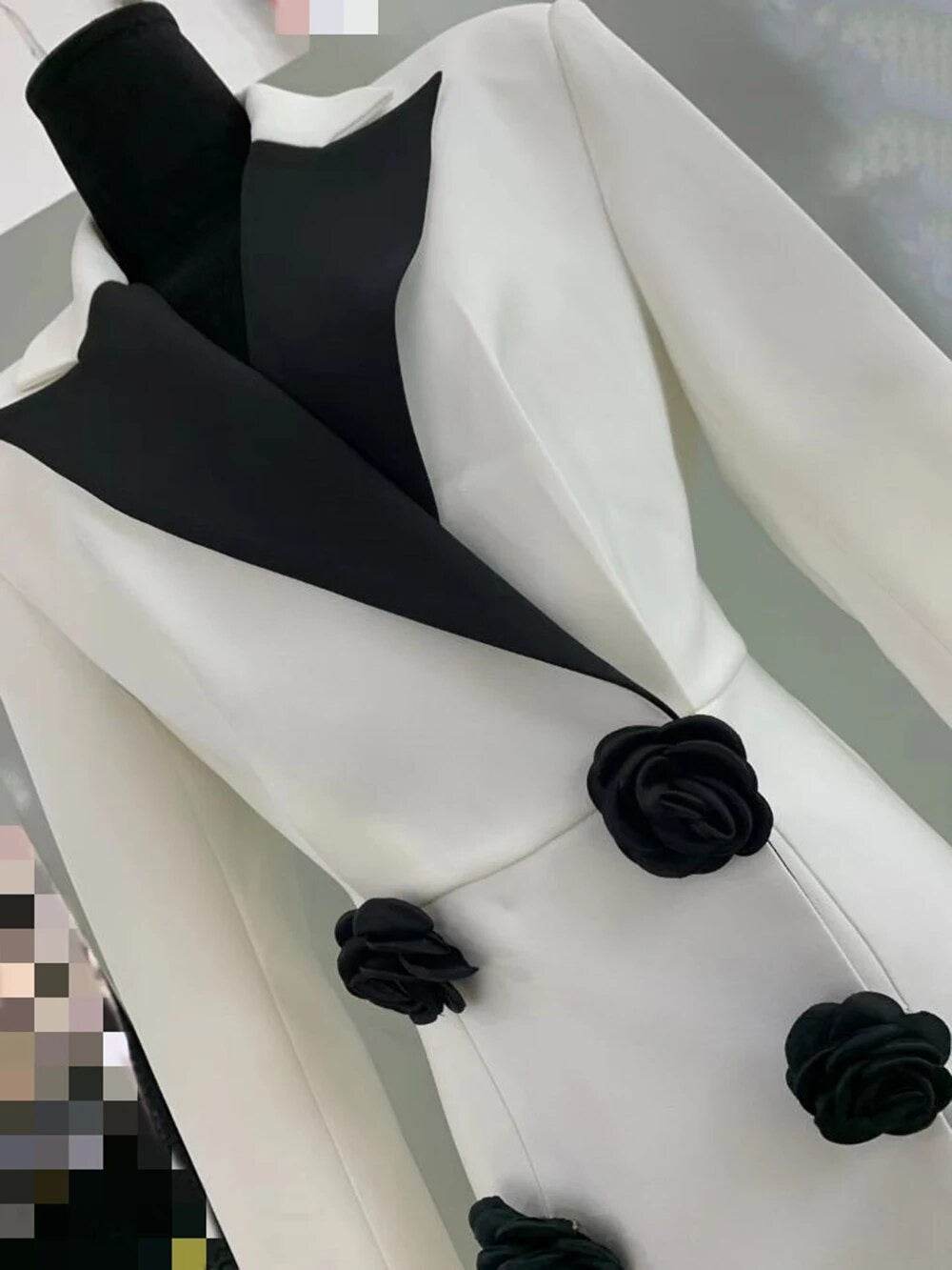 Black and White Contrast Spliced Flower Double Button Suit Mini Dress - REBECATHELABEL