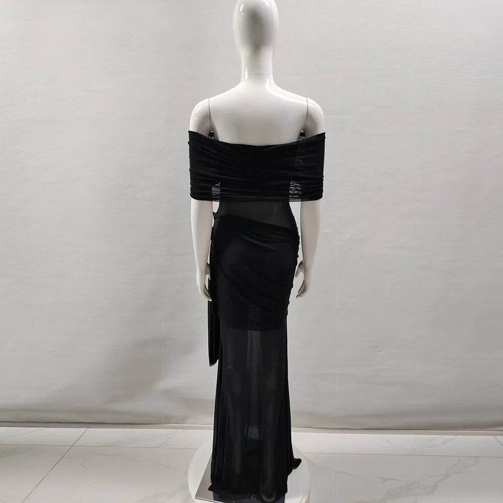 Off Shoulder Skynet Mesh Diamond Draping Long Dress - REBECATHELABEL