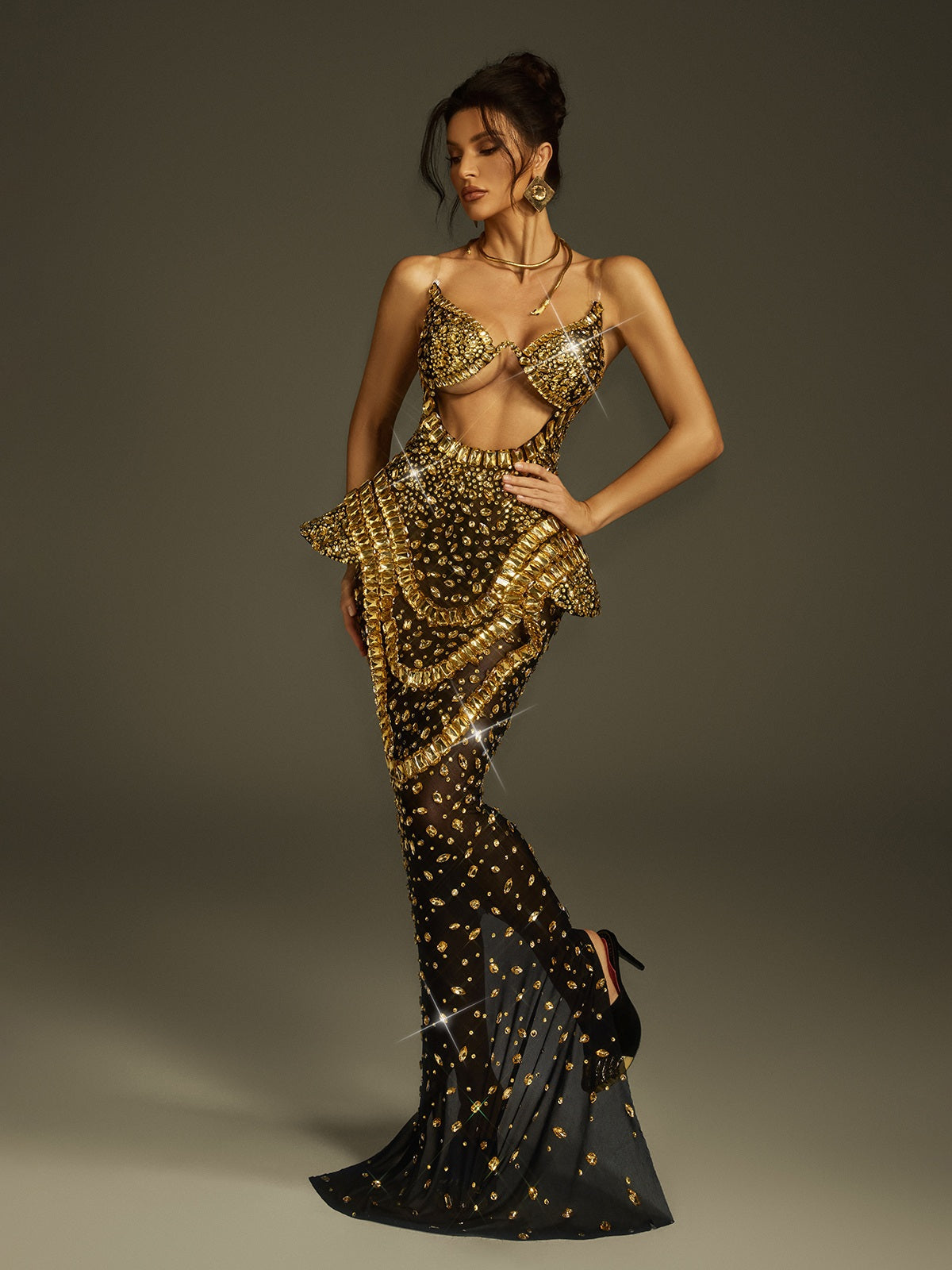 Strapless Cutout Crystal Maxi Dress In Black & Gold