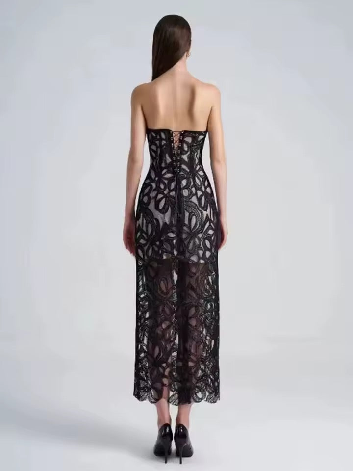 Strapless Floral Lace Maxi Dress