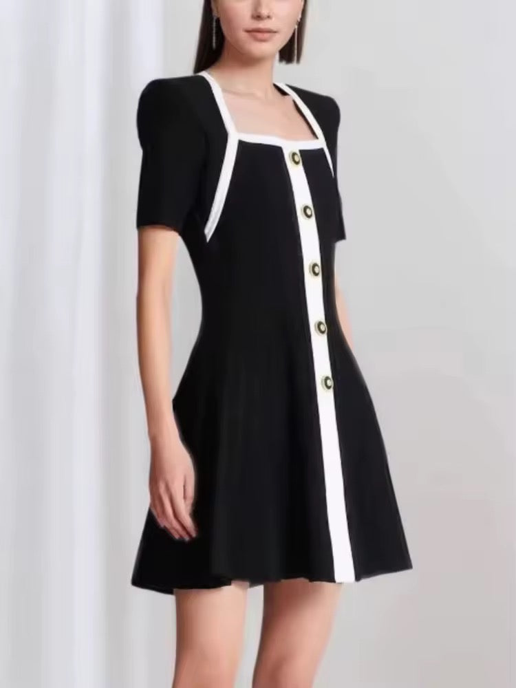 Short Neck Colorblock Buttons Mini Dress