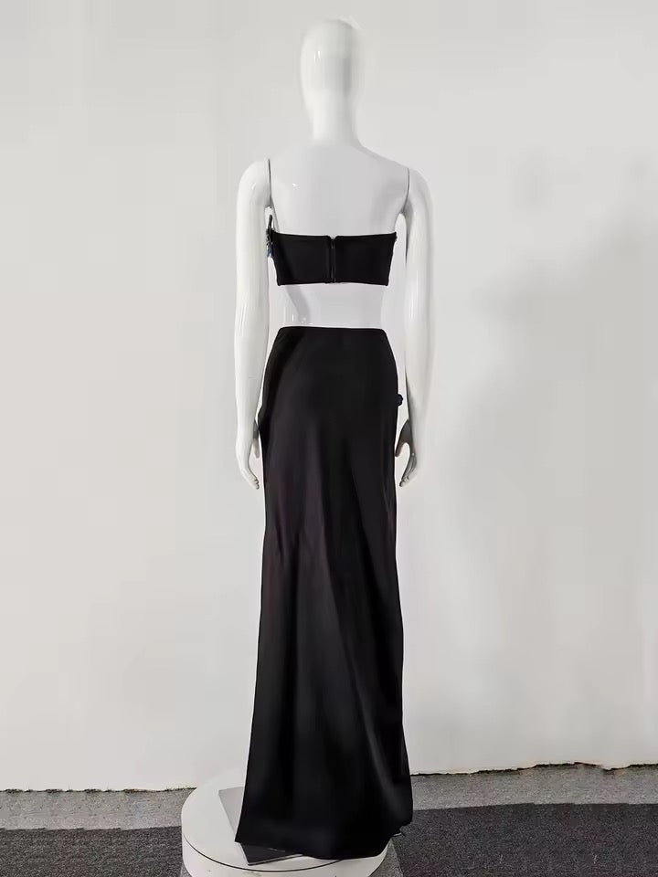 3D Flowers Sexy Party Two Piece Set Strapless Crop Top And Long Skirts 2 Pieces Set